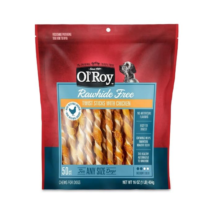 Ols~Roys Rawhide Free Twist Sticks with Chicken Dog Treats - 16 Oz - 50 Count - (1 Pack).