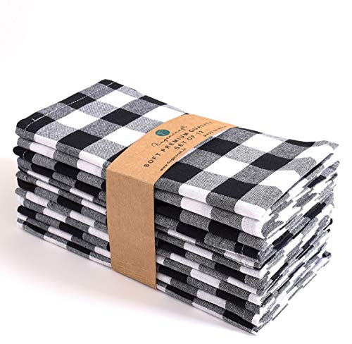 FINGERCRAFT Cloth Napkins, Everyday Use, Premium Quality, Cotton Buffalo Plaid, Set of 12, 20X20 Inch Oversized Napkins Cloth Mitered Corners, Soft, Durable Hotel Quality Black White Checkered