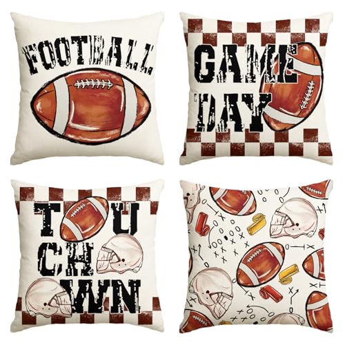 AVOIN colorlife Football Game Day Throw Pillow Covers 18 x 18 Inch American Football Game Touch Down Sports White Cushion Case for Sofa Couch Set of 4