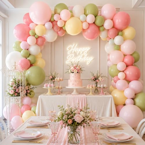 Image of Pink and Green Balloons, 60 Pcs 12 Inch Dusty Green Dusty Pink Ivory White Soft Yellow Latex Balloons for Baby Shower Birthday Gender Reveal Party Decorations