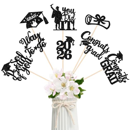 Rsstarxi 16 Pack Graduation Centerpieces 2026 Double Sided Glitter Class of 2026 Decorations Table Toppers So Proud of You Congrats Grad 2026 Graduation Party Decorations Black