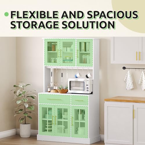 GOOBED 71" Pantry Cabinet with Power Outlet, Tall Kitchen Pantry Storage Cabinets with Microwave Stand, Farmhouse Kitchen Hutch with Drawers, Hook, Door and Shelves for Home Living Dining Room, White