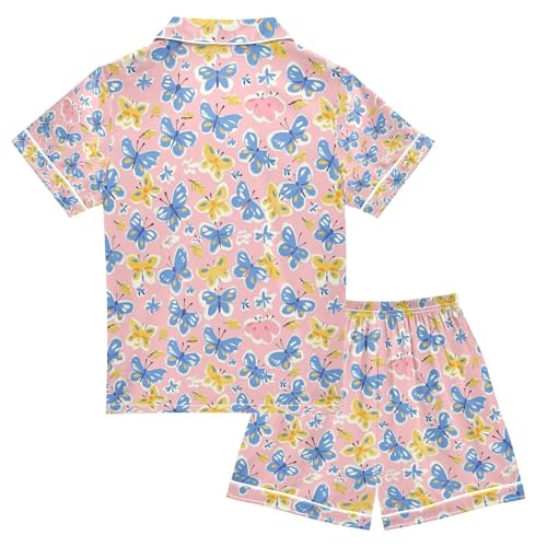 senya Blue Yellow Butterflies 1 Satin Summer Pajama Sets Silk Short Sleeve Button Down Sleepwear2