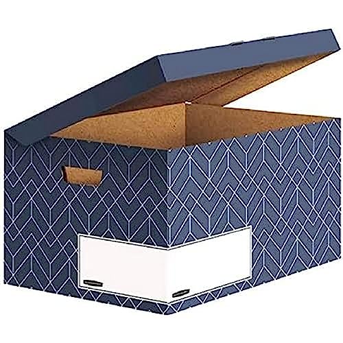 BANKERS BOX Klappdeckelbox, Décor Serie für Büro und Zuhause, sehr stabil, mit Grifflöchern, aus 100% recycelter Wellpappe, Farbe/Motiv: Schieferblau, 5 Stück