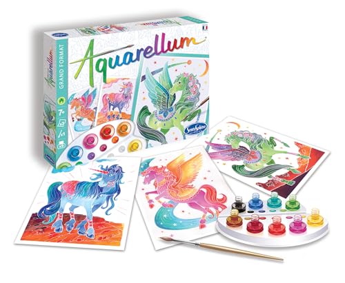 SentoSphère- Aquarellum grand format - LICORNES ET PEGASES - Kit peinture aquarellable - Activité créative avec 3 tableaux 32,5 x 25 cm – 9 peintures - 7...
