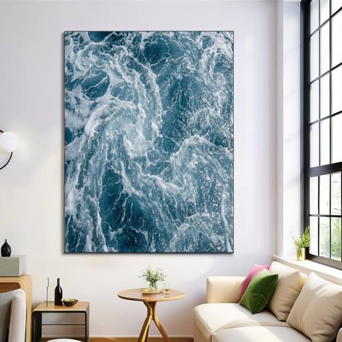 Peinture paysage marin bleu profond pour habiller un grand mur vide de salon 80x120 cm