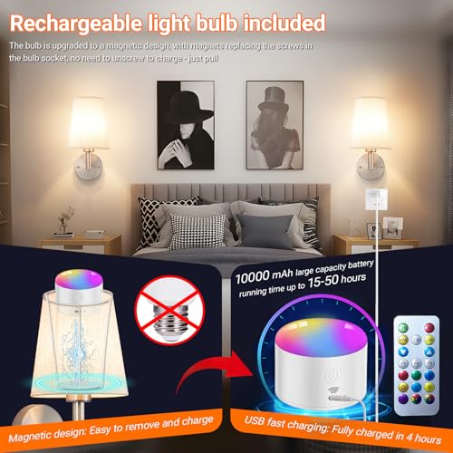 Image of Wall Sconce Battery Operated Wall Light Fixure with Remote Control, Dimmable Battery Operated Wall Sconces Set Of Two, Indoor Wireless Wall Mounted Lamp with Rechargable Bulb For Bedroom Living Room