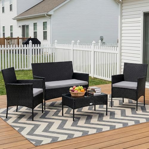 Image of OUTLIVING Outdoor 4 Seater Sofa Set || Patio Furniture Sets || Balcony Sofa || Indoor Sofa || Wicker Rattan Garden Sofa Set with Cushion and Center Table (Black / /Grey)