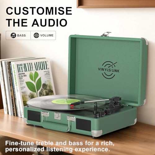 Image of Vinyl Record Player with Built-in Speakers Treble & Bass Gain Vintage Bluetooth Turntable 3-Speed Portable Suitcase LP Player AUX-in RCA Headphone Out, Forest Green