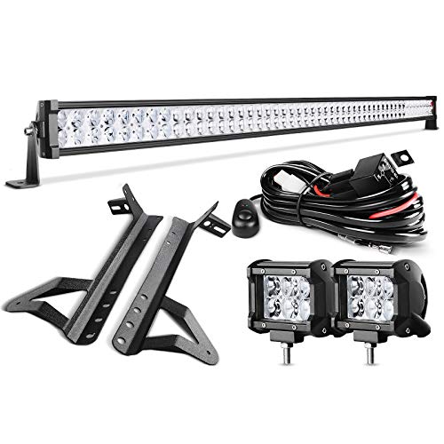 DWVO LED Light Bar 52 Inch (55 Inch with Mounting Brackets)300W Spot & Flood Combo Beam+ 2X 18W Spot LED work light +2X Steel Metal Upper with 10ft Wiring Harness Compatible for 07-18 JEEP JK Wrangler