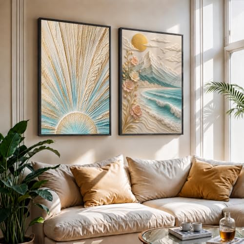 Image of NoWorries Coastal Sunrise Wall Painting Set of 2 with Frame | Textured Sunburst & Beach Landscape Artwork, Ocean Mountain Floral Nature Wall Decor for Living Room, Bedroom, Office and Home Decoration (Art-13, 21x31inch)