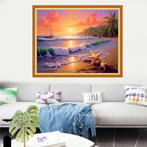 Image of Dooxvey Cross Stitch Kits for Adults Stamped Full Range of Embroidery Starter Kits for Beginners 11CT Printed Cross Stitch Patterns Needlepoint Kits Stamped Crossstitching-Seaside Scenery 16x20 inch