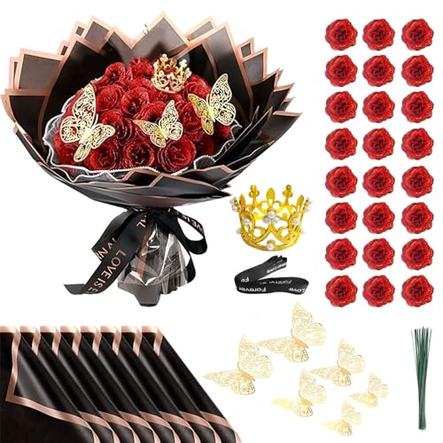Ramo de rosas brillantes, 24 piezas DIY Rosas rojas brillantes artificiales Rosas de seda, rosas artificiales Flores falsas de corona para boda, Navidad, cumpleaños, aniversario, compromiso