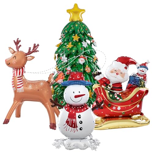 Image of Merry Christmas Party Decorations : Christmas Party Supplies with Santa Claus, Snowman, & Christmas Tree Balloons for Festive Holiday Celebrations