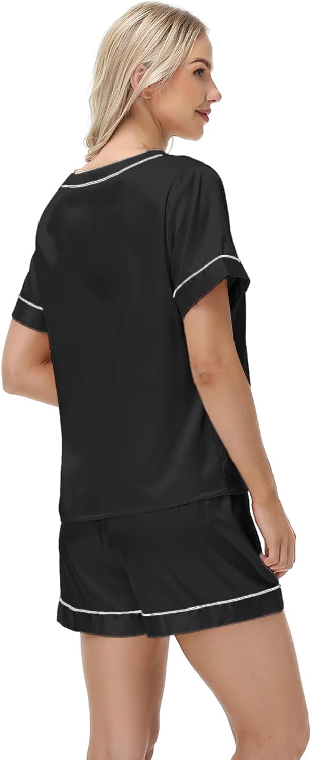 3 Piece Silk Satin Pajamas Set for Women Soft Short Sleeve Pjs Silky V Neck Sleepwear with Top Shorts and Pants,Black,S - Image 6