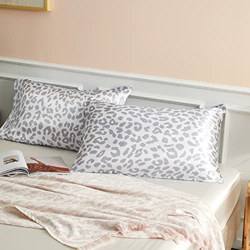 LCBD Satin Pillowcase for Hair and Skin, Grey Leopard Printed Pillow Cases Set of 2, Standard Size Cheetah Print Silk Satin Pillow Covers for Women with Envelope Closure, 20x26 inches