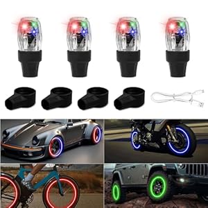 QVEVDACAR 4Pcs Tire Valve Cap Lights, Glow in The Dark LED Tire Valve Lights Waterproof Rechargeable Wheel Flashing Lamp for Car Bike Motorcycle Accessories