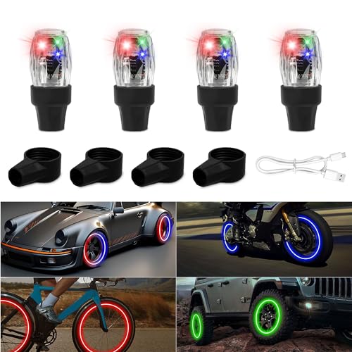 QVEVDACAR 4Pcs Tire Valve Cap Lights, Glow in The Dark LED Tire Valve Lights Waterproof Rechargeable Wheel Flashing Lamp for Car Bike Motorcycle Accessories