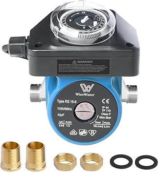 WiseWater 110V Circulation Pump with Timer, 115W 10 GPM Hot Water Recirculating Pump, Circulator Pump with 3/4" to 1/2" NPT Internal Connectors for Boiler, Solar Heater and Hydronic Radiant Heating