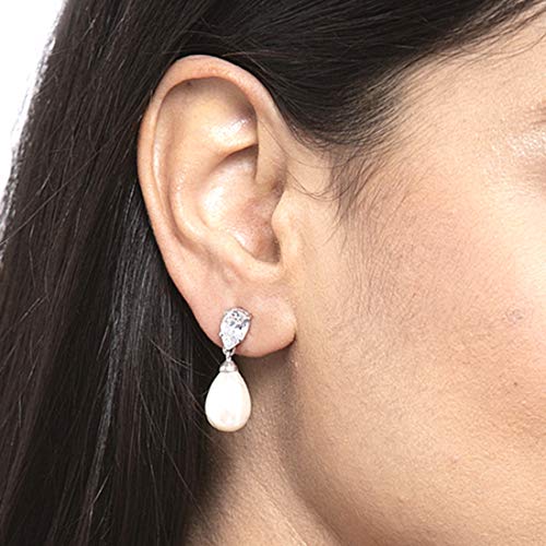 Image of CLARA 925 Sterling Silver Pearl Earrings Gift for Women & Girls | Swiss Zirconia | Screw Back | Minimal Daily Wear | Platinum Plated