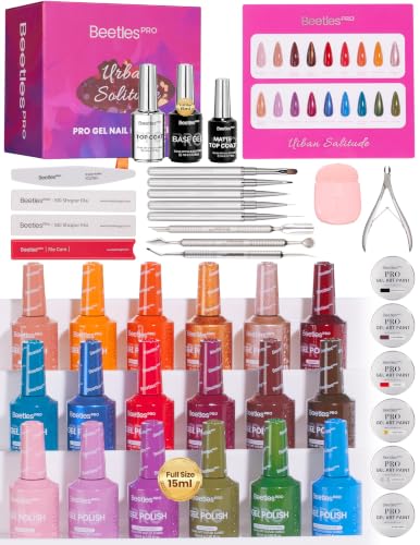 Image of Beetles PRO 42Pcs Gel Polish Kit - Urban Solitude Collection, 18 Colors Gel | 15 Full Size Color Gel, 6 Painting Gel For Nails & Tools, Glossy & Matte Top Coat, UV Nail Lamp Cure Needed Salon Nails Kit