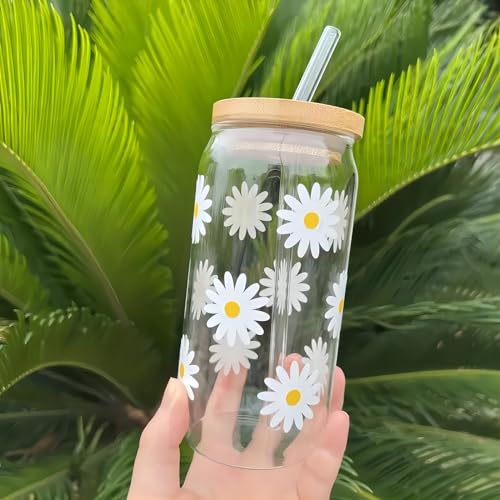17oz Daisy taza estética, taza de café helado con tapa de bambú y paja de vidrio, cerveza en forma de lata de vidrio, vaso de flores botella de agua de vidrio para mujeres, taza de vaso lindo (500 ml)