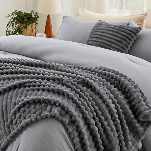 Image of Bedsure California King Comforter Set 5 Pieces - Bed in a Bag with Throw Blanket and Decorative Pillow, Lightweiget Bedding Comforter Sets, All Season Boho Bedding Sets, Grey