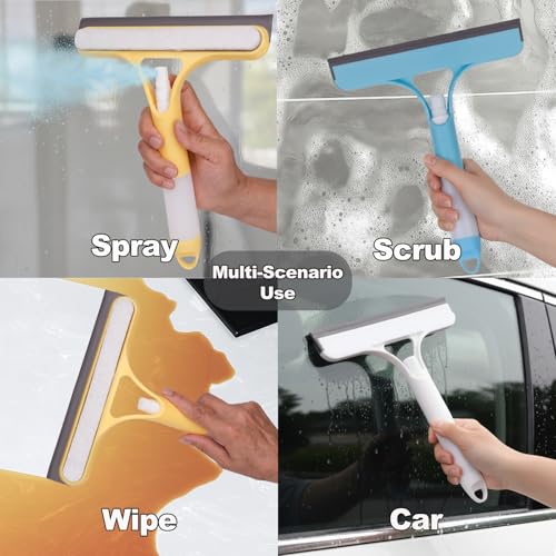 Image of 3 Pcs Squeegee for Shower Glass, 3 in 1 Window Scrubber, Spray, Sponge Wipe, Silicone Squeegee, for Car Window, Mirror, Tile Walls, with 6 Wall Hooks, Easy to Clean Kit, Yellow, Blue, White