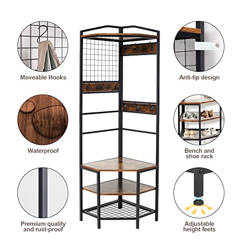 Corner Hall Tree, Entryway Coat Rack With 6 Hooks And Shoe Storage, Freestanding Hallway Storage Shelf Organizer, Vintage Multifunctional Clothes Rack For Home Office Bedroom #TOP3