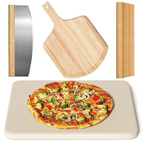 Comparison: Best Stone For Pizza Oven Floor 7 4 PCS Rectangle Pizza Stone Set, 15" Large Pizza Stone for Oven and Grill with Pizza Peel(OAK), Pizza Cutter & 10pcs Cooking Paper for Free, Baking Stone for Pizza, Bread,BBQ