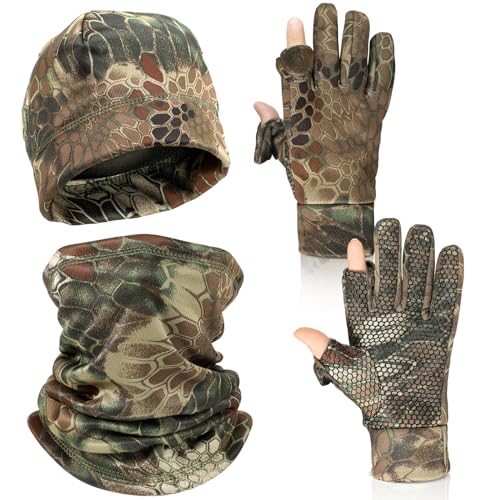 Janmercy 3 Piece Camo Hunting Gloves Beanie Scarf Set