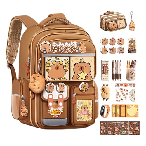 Cute Capybara Backpack School Bag with Stationery Set, Funny Going Out Cartoon Laptop Travel Casual Bag with Reflective Strips, Capybara Animal School Supplies for Boys Girls