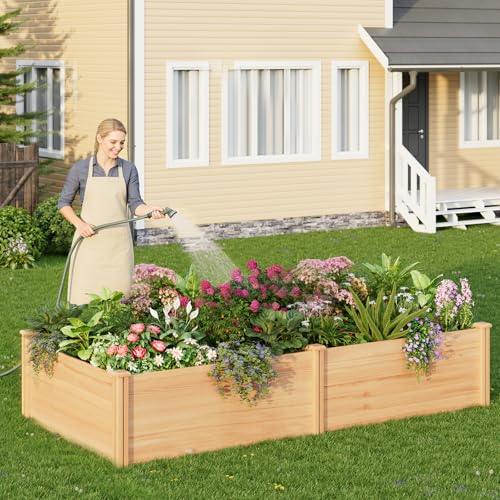 Image of Raised Garden Bed for Outdoor, 8x4 Ft Wood Garden Bed with 15 Inch Depth for Flowers /Vegetables /Herbs in Backyard Patio Outdoor, Open Base Bottom Planter Box