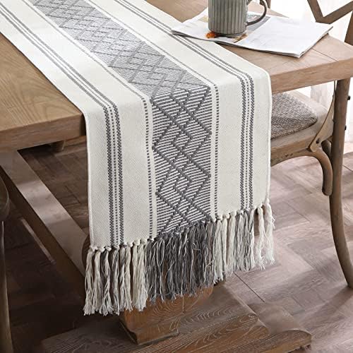 LUFEIJIASHI Woven Table Runners Farmhouse Style,Boho Table Runners 72 inches Long with Tassels Elegant Washable Table Runners for Dining Room ,Wedding,Holiday,Party Table Decor (14.5x72inch, Grey)
