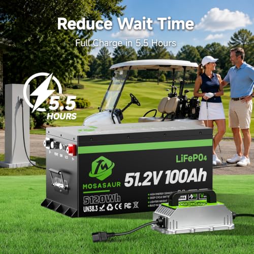 Image of 51.2V 100Ah LiFePO4 Lithium Golf Cart Battery -- Built-in 200A BMS, 58.4V 18A Charger, Bluetooth APP & LCD Display | 300A Peak & 5.12kWh Power, 4000+ Cycles & 3‑Year Warranty