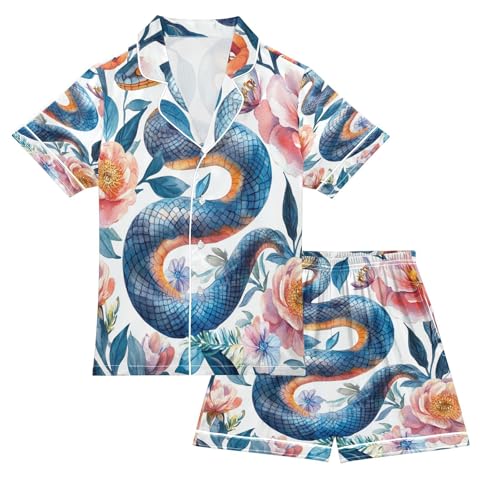 Satin Pajama Sets Short Sleeve Watercolor Floral Snakes Button Down Silky Nightwear 2 Piece PJS 5-14Y