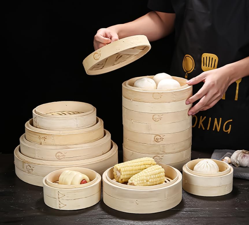Luminexia Handgefertigter Bambus-Dampfgarer,2 Etagen/3 Etagen,Bambus-Dampfkorb Dämpfaufsatz Bambusdämpfe mit Deckel Neu für Gemüse,Dim-Sum-Knödel,Brötchen,Hühnerfisch und Fleisch