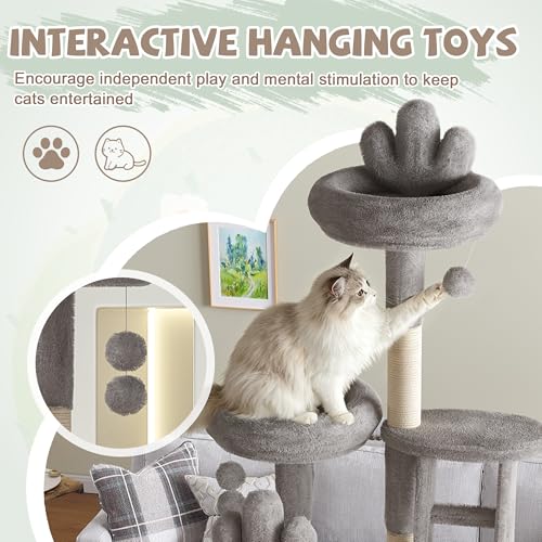 Image of 72 Inch Big Cactus Cat Tree for Indoor Cats, Cute Cat Tower with Transparent Capsule, Flower Cat Tree with Sisal Scratching Post, Multi-Level Activity Center for Kittens & Large Cats (Gray)