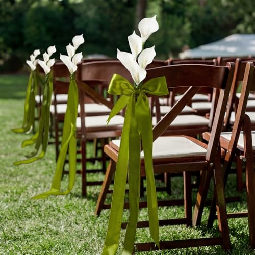 Hotop 10 Sets Wedding Aisle Chair Decorations, 30 Pcs Artificial Calla Lily Flowers with 10 Pcs Green Ribbons Pew Chair Decor with Flowers Decor for Church Wedding Ceremony Indoor Outdoor