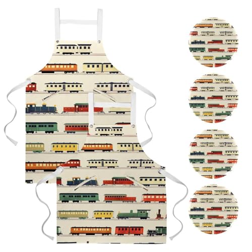 Tabliers de cuisine motif trains multicolores avec lot de 4 broches