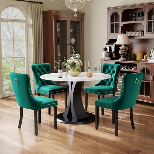 Image of 5-Piece Dining Table Set with 39In Faux Marble Table and 4 Velvet Upholstered Chairs, Modern Scandinavian Furniture for Dining Room Kitchen(Green)