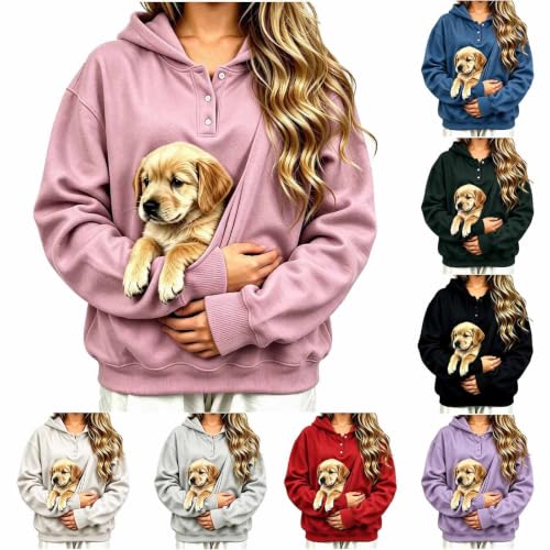 Pet Carrier Sweatshirt Pet Pouch Hoodie Women Kangaroo Pocket Dog Cat Carrier Button Neck Pullover Suéter Manga Larga para Mujer Dressly Capsule Wardrobe Outfits Pink S - image 1