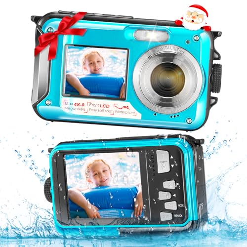 MINENICE Camara Acuatica, Full HD 2.7K 1080P 48MP Camara Sumergibles 10FT 16X Digital Zoom Cámara Impermeable Digital con Pantalla Dual para Selfie Bajo el Agua Natación Buceo, Amarillo