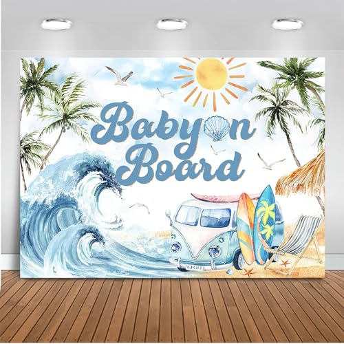Mocsicka Baby on Board Backdrop Summer Beach Baby Shower Party Decorations Tropical Sea Wave Surfboard Background Seaside Newborn Birthday Photo Props (7x5ft)