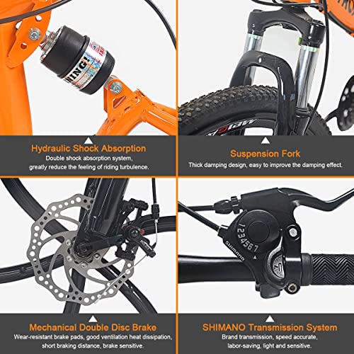 Outroad 26 Inch Folding Mountain Bike, 21 Speed Full Suspension High-Carbon Steel Mtb Foldable Bicycle, Dual Disc Brake Non-Slip Folding Bikes For Adults/Men/Women, Orange #TOP1