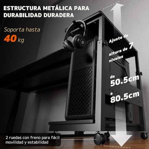 PUTORSEN Soporte para Torre de PC Altura Ajustable 2 Niveles,Ordenador con Ruedas y Alfombrilla de Ratón,Soporte para Impresora ATX hasta 40kg/Nivel,7 Niveles (55-85cm),para Oficina en Casa,Negro - imagen 2