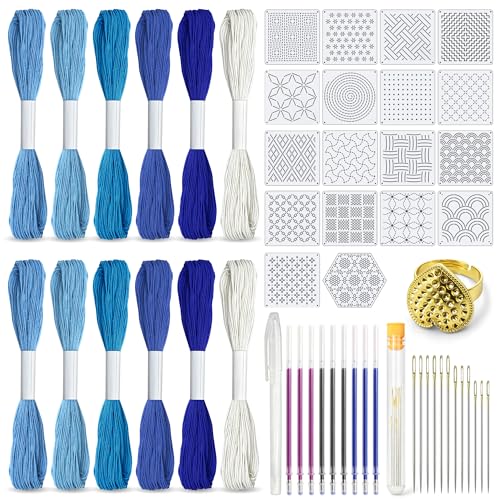 Kit de bordado sashiko con 18 plantillas y 12 hilos de algodón miniatura 1