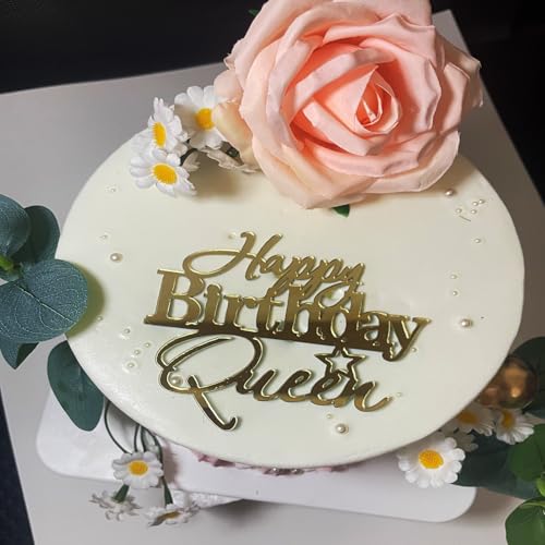 Happy Birthday Queen Cake Topper,Acrylic Golden Happy anniversary Cake Decorations for Girl/Women, Gender Reveal Princess Birthday Party Decor Supplies