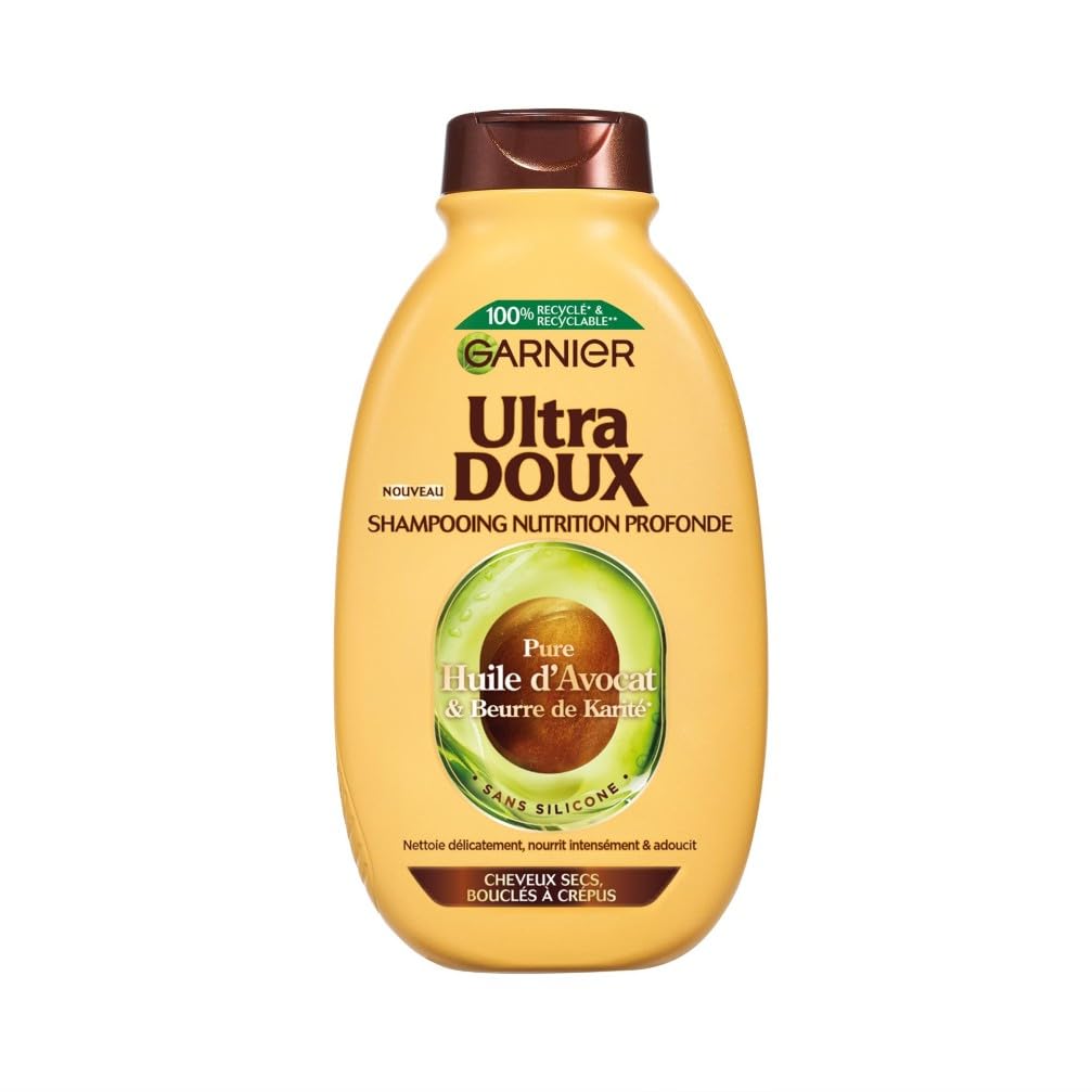 Garnier Ultra Doux - Shampooing pour Cheveux Secs, Bouclés à Crépus - À l'Huile d'Avocat et Beurre de Karité - Texture Crémeuse et Onctueuse - 300 ml - Homme & Femme