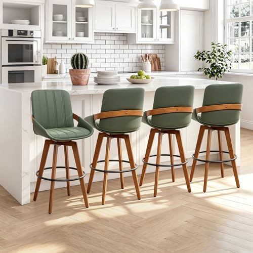Image of AQG Green Bar Stools 30 Inch Set of 4 Leather Bar Height Stools with Backs, Mid Century Modern Swivel Bar Chairs, Upholstered Barstools Wood Frame for Kitchen Island